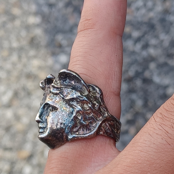 RARE DETAILED VINTAGE ART NOUVEAU HUGE STERLING CLASSICAL HEAD RING - Picture 2 of 8